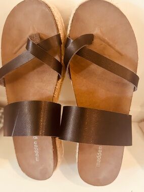 Madden Girl Black Leather Espadrille Strappy Slide Sandals